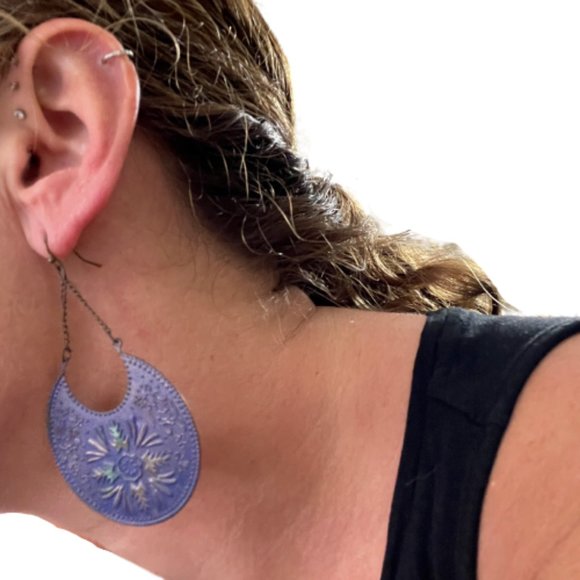 Unbranded Jewelry - Boho Metal Disc Long Earrings Blue Distressed